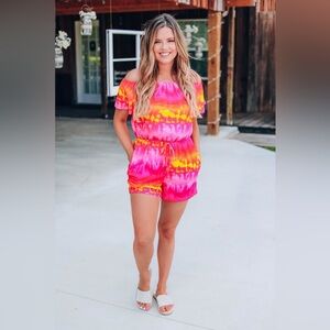 NWT-White Birch Sz Lg pink/orange/yellow tie die short sleeve romper w/pockets.